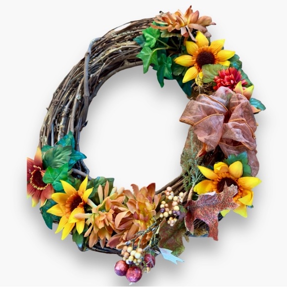 16”x15” Rustic Sunflower Mum & Daisy Wooden Grapevine Wreath - Fall Floral - Picture 1 of 15